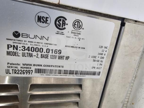 Bunn Ultra-2 Drink Machine label showing model 34000.0169, 120V, 12A, 1440W, with NSF and safety certifications.