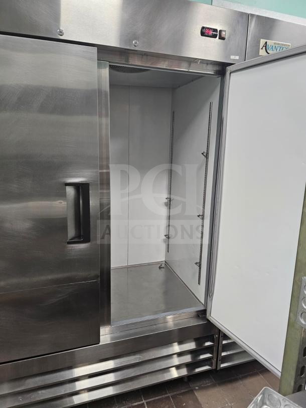 Avantco 54" Solid Door Reach-In Refrigerator, stainless steel, interior shelving, temperature display, open door view.