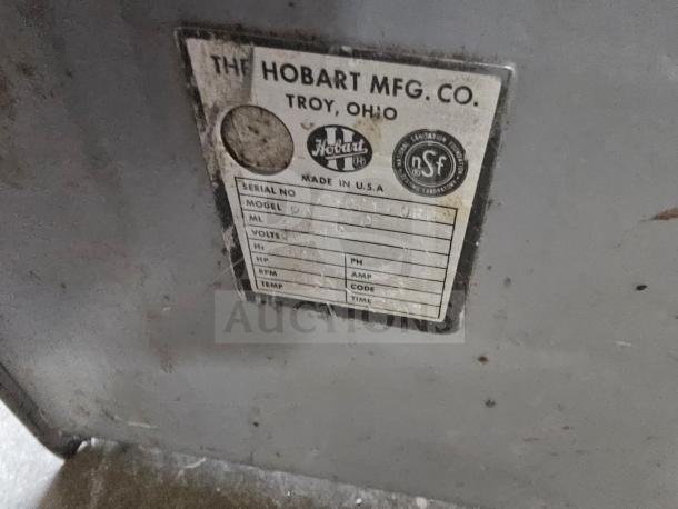 Hobart Commercial Food Processor label, showing serial number and model details. Marked NSF and made in USA. Used condition.
