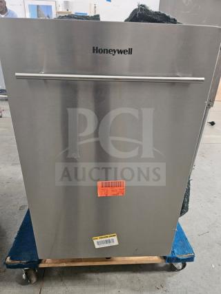 Stainless steel Honeywell residential dishwasher with handle, visible labels indicating item codes. New condition.