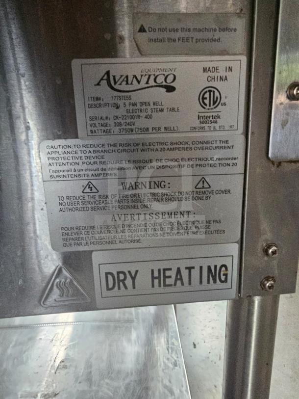 AVATCO 177STE5S 5 Pan Open Well Electric Steam Table, stainless steel, 3750W, dry heating, warning label in view.