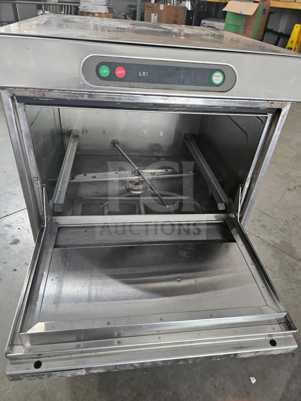 Hobart XLI Commercial Undercounter Dishwasher, stainless steel, open door, visible controls, used condition.