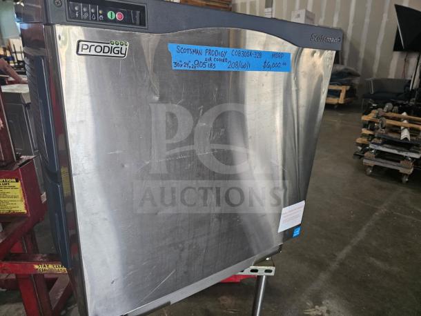 Scotsman Prodigy Series C0830SA-32B modular cuber head ice machine, stainless steel, visible label with model info.