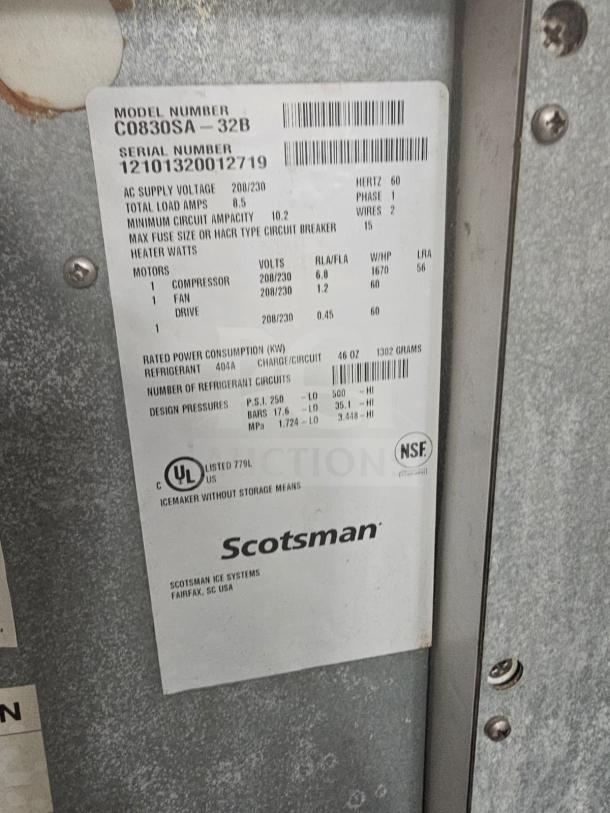 Scotsman Prodigy Series C0830SA-32B ice machine label, model and serial numbers shown, UL and NSF certified.