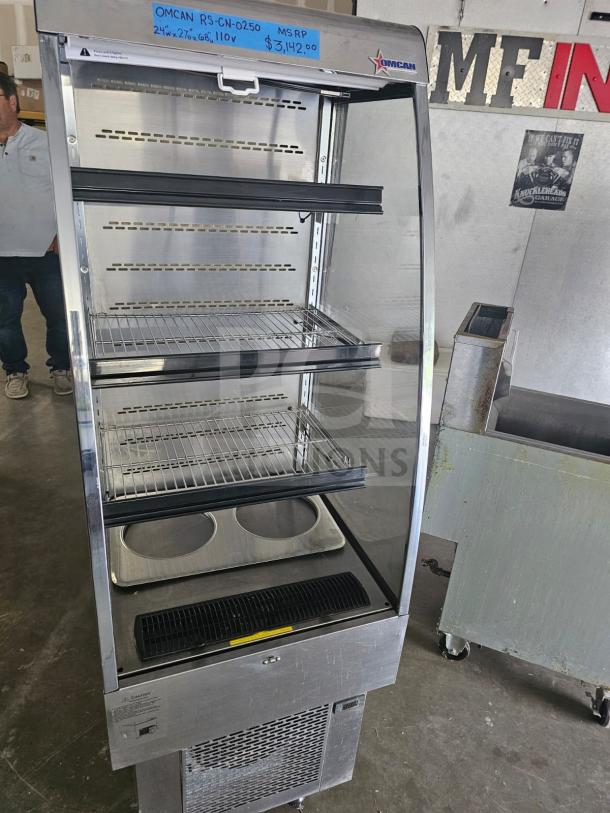Omcan RS-CN-0250 open refrigerated display case, stainless steel, multiple shelves, 24"W x 27.6"D x 68"H, 110V, labeled price $3,142.
