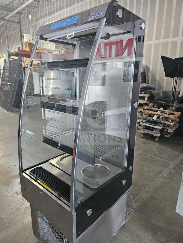 Omcan RS-CN-0250 open refrigerated display case, dual shelves, stainless steel, good condition. Visible model label.
