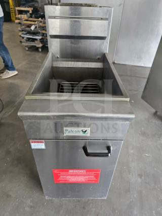 Commercial Falcon AF-90 gas fryer, 40-50 lbs capacity. Stainless steel exterior, open lid, safety and instruction labels visible.