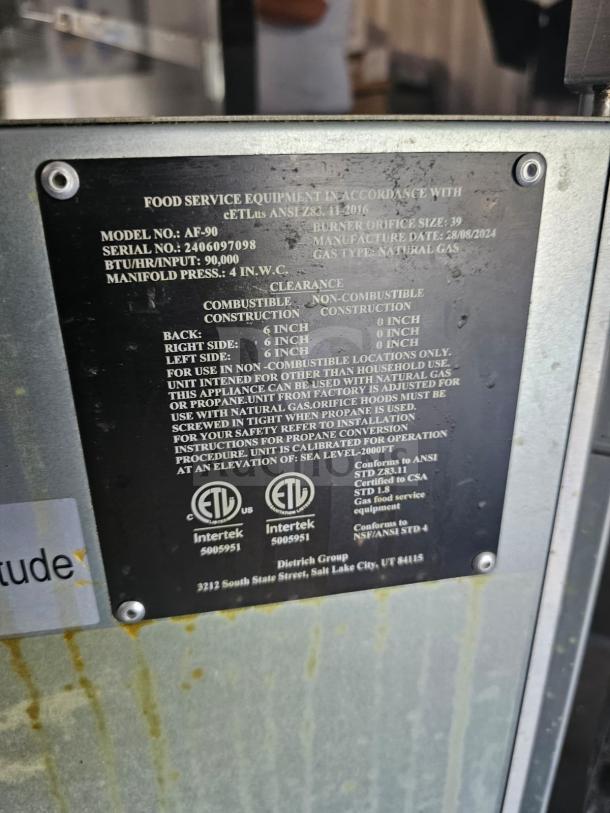 Commercial Falcon AF-90 gas fryer label. Model: AF-90, 40-50 lbs. capacity, 90,000 BTU, manufactured 08/28/2024, natural gas type.