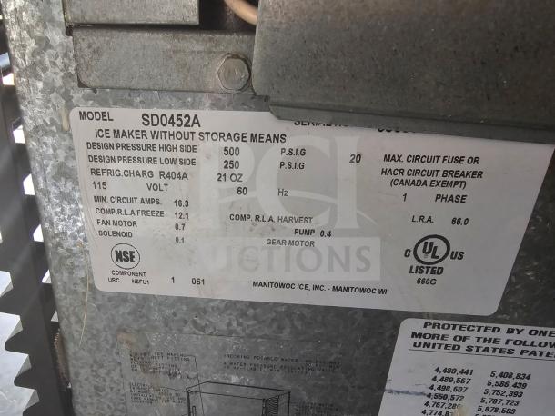 Manitowoc SD0452A ice machine, 115V, design pressure 500/250 P.S.I.G, R404A, NSF certified, UL listed.