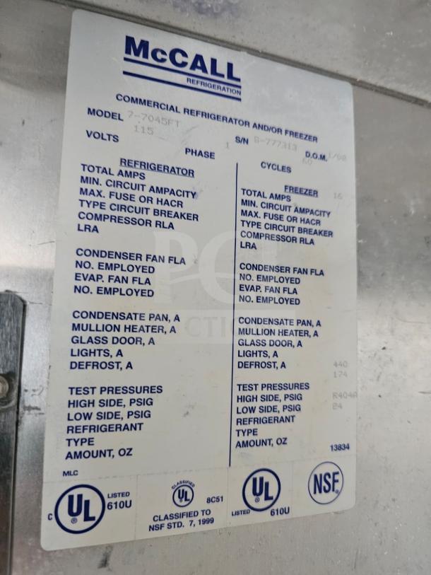 McCall 7-7045FT commercial 2-door freezer label showing model, voltage, specifications, and UL, NSF certifications.