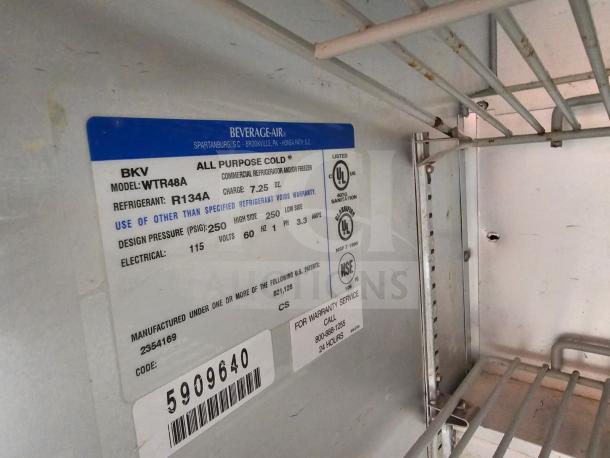 Beverage-Air WTR48A 48" undercounter fridge label; R134A refrigerant, 115V, NSF certified, used condition.