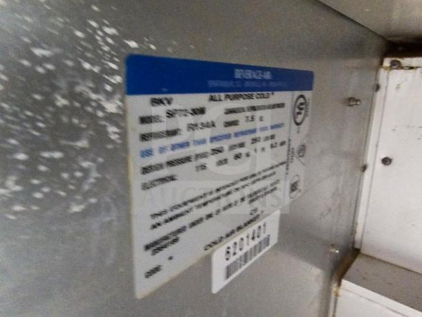 Beverage-Air 72" refrigerated salad bar with visible model label, showing model SP72-30M, refrigerant details, and serial number.