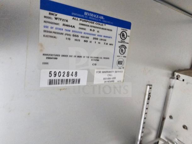 Beverage-Air WTF27A commercial undercounter refrigerator label. Displays model, refrigerant type, and warranty details.