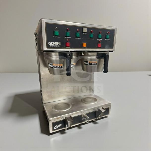 Wilbur Curtis GEM312IL commercial coffee brewer, high-grade condition, 120V, fully tested, dual brew stations, warning labels.
