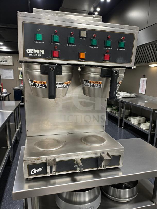Wilbur Curtis GEM312IL commercial coffee brewer in high-grade condition, fully tested, 120V, dual dispensers, made in USA.