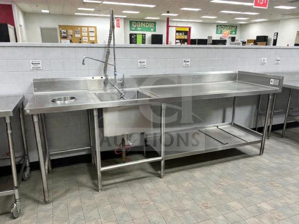 ICM stainless steel prep sink table, model ICM-L-PST-0007, in immaculate condition with integrated sink, fully tested and working.