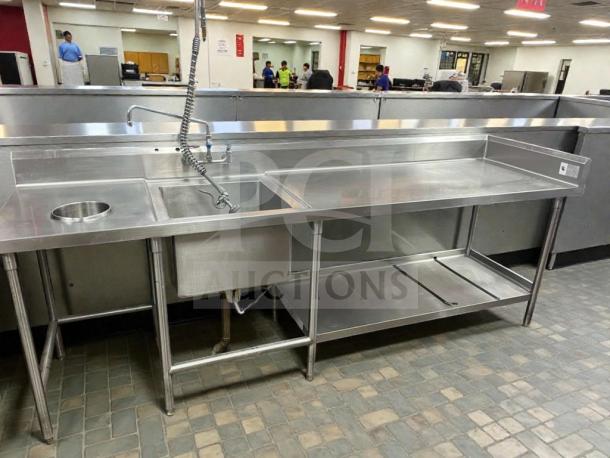 ICM stainless steel prep sink table, model ICM-L-PST-0007, in immaculate condition with integrated sink and backsplash.