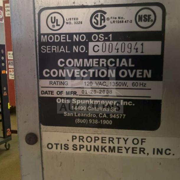 Otis Spunkmeyer OS-1 commercial convection oven label, 120V, 1350W, 60Hz, manufactured 01-20-2008, serial C0040941, fully tested.