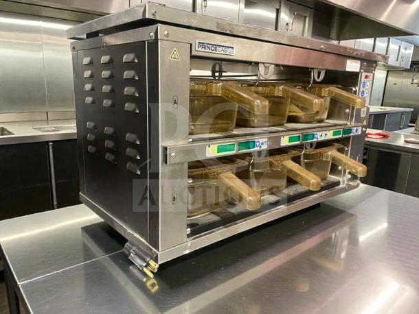 Prince Castle EHBP23 heated holding bin, pristine condition, 120V, single phase, fully tested, stainless steel, multiple bins visible.