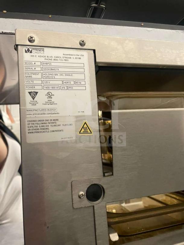 Prince Castle EHBP23 Heated Holding Bin, 120V, pristine condition, fully tested, label shows model and specifications.