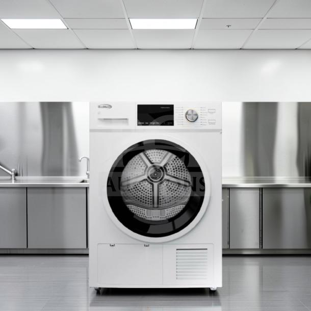 Brand new KoolMore 24" ventless front load dryer, model FLD-5CWHP, 4.4 Cu. Ft., shown with modern design.