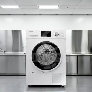 Brand new KoolMore 24" ventless front load dryer, model FLD-5CWHP, 4.4 Cu. Ft., shown with modern design.