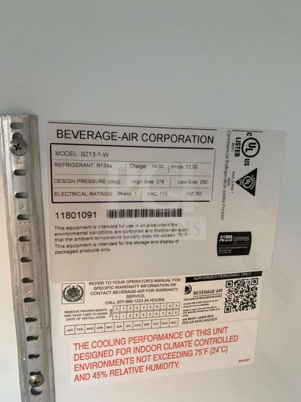 Beverage-Air Open Merchandiser, Model BZ13-1-W, 115V, excellent condition. Label details refrigerant R134a, electrical ratings, and operating conditions.