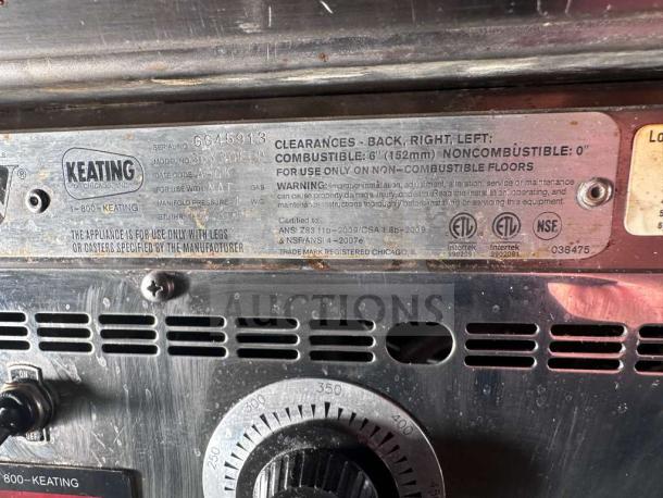 Keating Miraclean 36" commercial gas griddle, exceptional condition, model details and certifications visible.