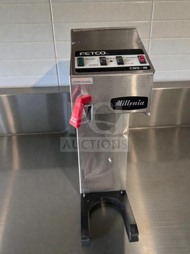 FETCO Millennia CBS-18 commercial coffee brewer in top-tier condition, stainless steel, 120V, UL listed, fully tested.