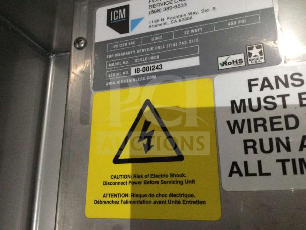 ICM Stainless SCSLC-1800 label showing model, serial number 18-001243, voltage, and caution warning for electric shock.