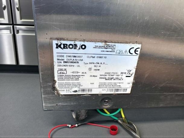 Krono DUPLA 50 USA undercounter dishwasher, 220-240V, stainless steel, fully tested, model label visible, premium condition.