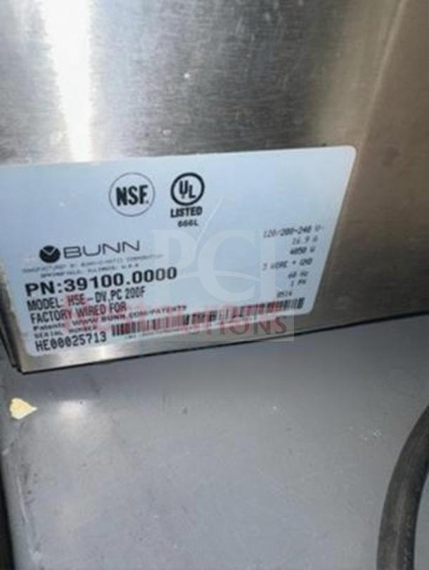 Bunn 39100.0000 H5E-DV PC 5-gallon hot water dispenser label, showing model number, NSF and UL certifications.