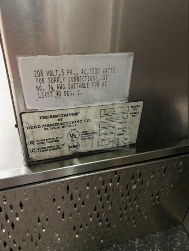 Duke Thermotainer Heated Holding Cabinet, 208V/3 Phase, excellent condition, UL and NSF certified, fully tested.