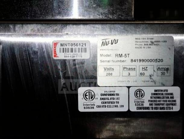 Nu-Vu RM-5T countertop convection oven, outstanding condition, model info visible, 208V/3 Phase, ETL certified.