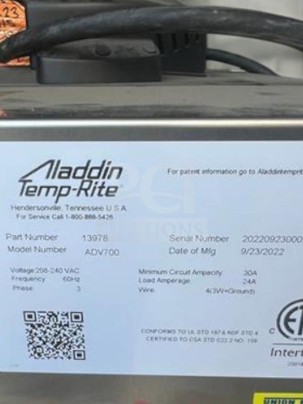 Aladdin Temp-Rite ADV700 commercial food heating system, premium condition, 208/240V, fully tested, labels with model and specs.