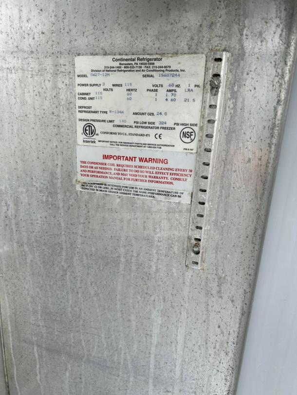 Alt text: Label on Continental SW27-12M prep unit indicating model, serial number, power supply details, UL and NSF listings.