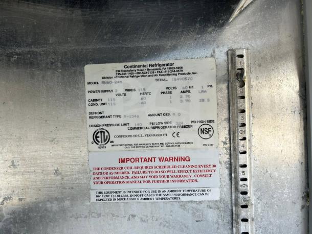 Continental Refrigerator SW60-24M label; 60" stainless steel refrigerated worktop; power: 115V; tested operational.
