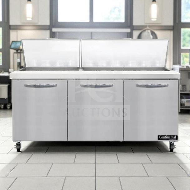 Continental SW72-30M sandwich prep table, 72", stainless steel, pristine condition, NSF & UL listed, fully tested operational.