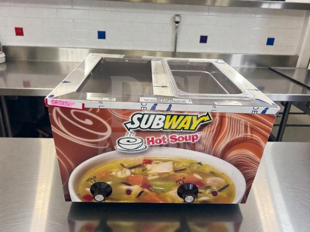 Duke CSW-2-1-AM commercial soup warmer, 2 wells, UL listed, excellent condition, "Subway Hot Soup" branding, fully tested.