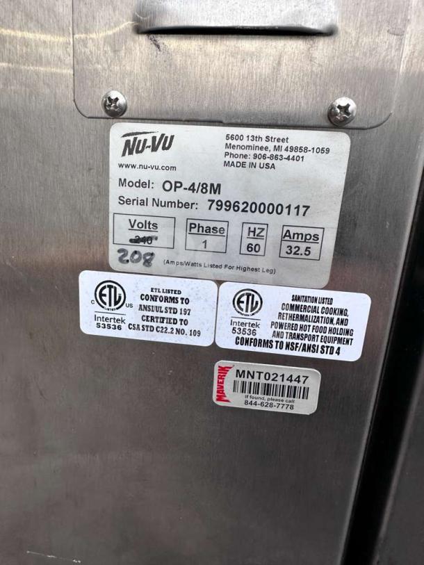 Nu-Vu OP-4/8M commercial oven label showing model, serial number, and ETL & NSF certifications. Made in USA.