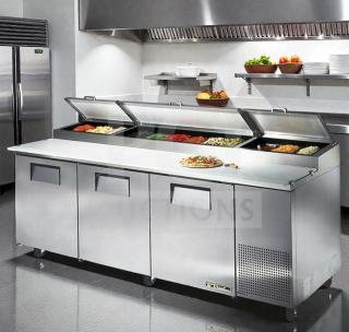 True TPP-93 commercial pizza prep table, 93", stainless steel, 3-door, cutting board top, pristine condition, fully tested.