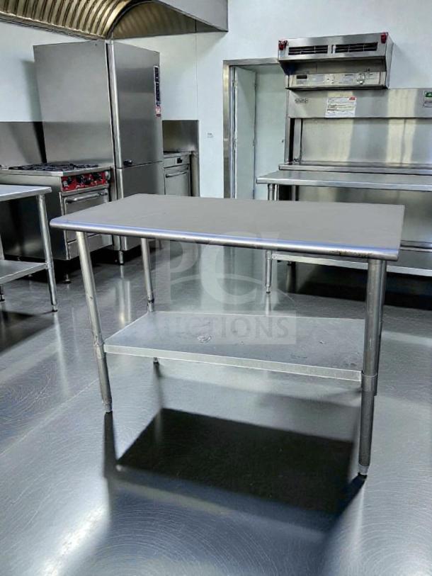 Commercial stainless steel work table, 48" x 24", with undershelf. NSF certified, fully tested, ready for use.