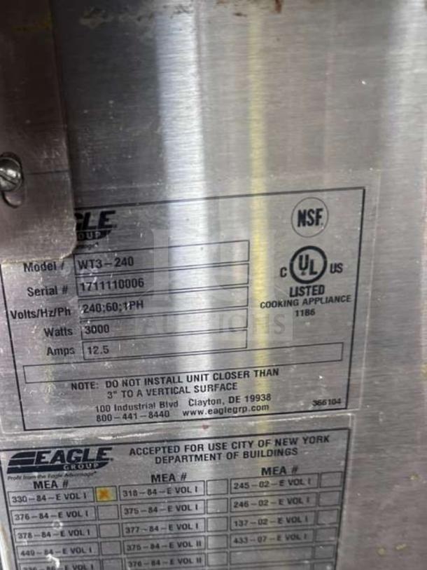 Commercial Eagle Group WT3-240 hot food well with NSF and UL listing, stainless steel, 72", fully tested, excellent condition.