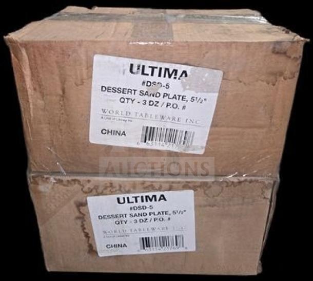 Brand new Ultima 5 1/4" Dessert Sand Plates, Model DSD-5, 6 dozen, restaurant grade, factory sealed boxes.