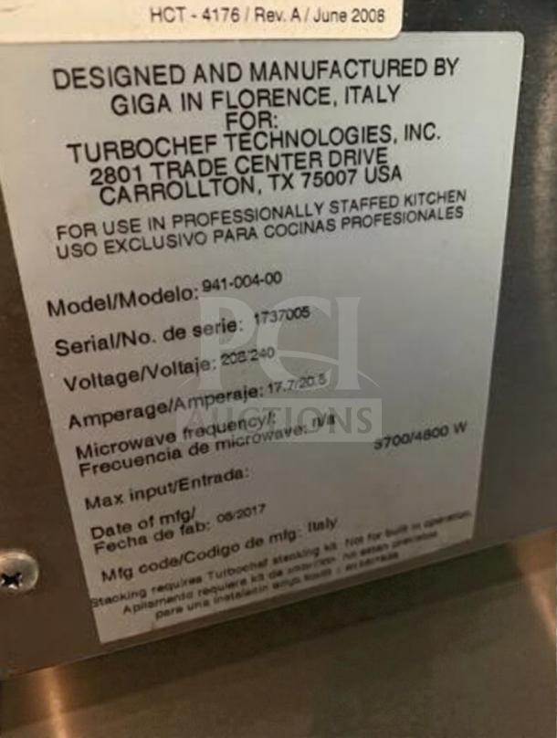 Label of TurboChef FIRE countertop pizza oven showing model 941-004-00, serial number 1737005, and 208-240V voltage details.