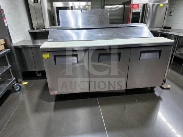 True TSSU-72-18 refrigerated sandwich prep table, 72", 3 doors, stainless steel, NSF & UL listed, fully tested.