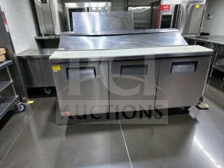 True TSSU-72-18 refrigerated sandwich prep table, 72", 3 doors, stainless steel, NSF & UL listed, fully tested.