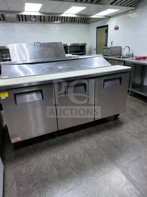 True TSSU-72-18 refrigerated prep table, 72", 3 doors, stainless steel, high-grade condition, NSF & UL listed, fully tested.