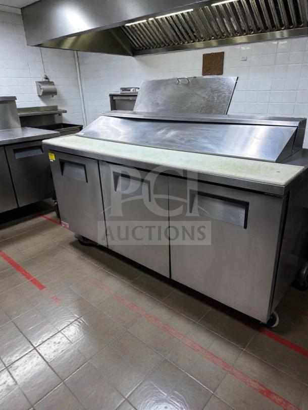True TSSU-72-18 refrigerated prep table, 72", 3 doors, stainless steel, excellent condition, NSF & UL listed.