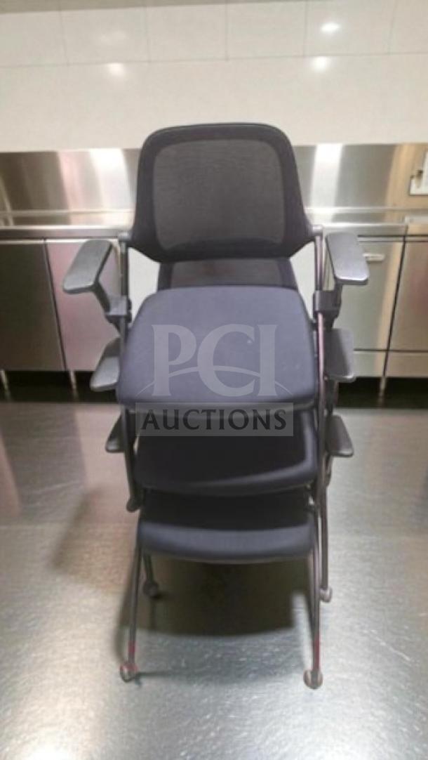 Stackable training chair with arms, sled base, black mesh and fabric by Commercial Institutional Furniture. Fully inspected.